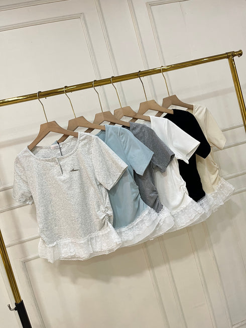 Women Round Neck Lacey Detail Button Down Tops